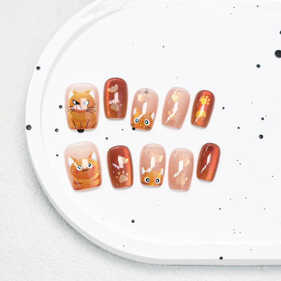 30 pzas Uñas postizas con efecto ojo de gato en negro y rosa, diseño de caritas, cortas cuadradas, cobertura completa para mujeres y niñas 5