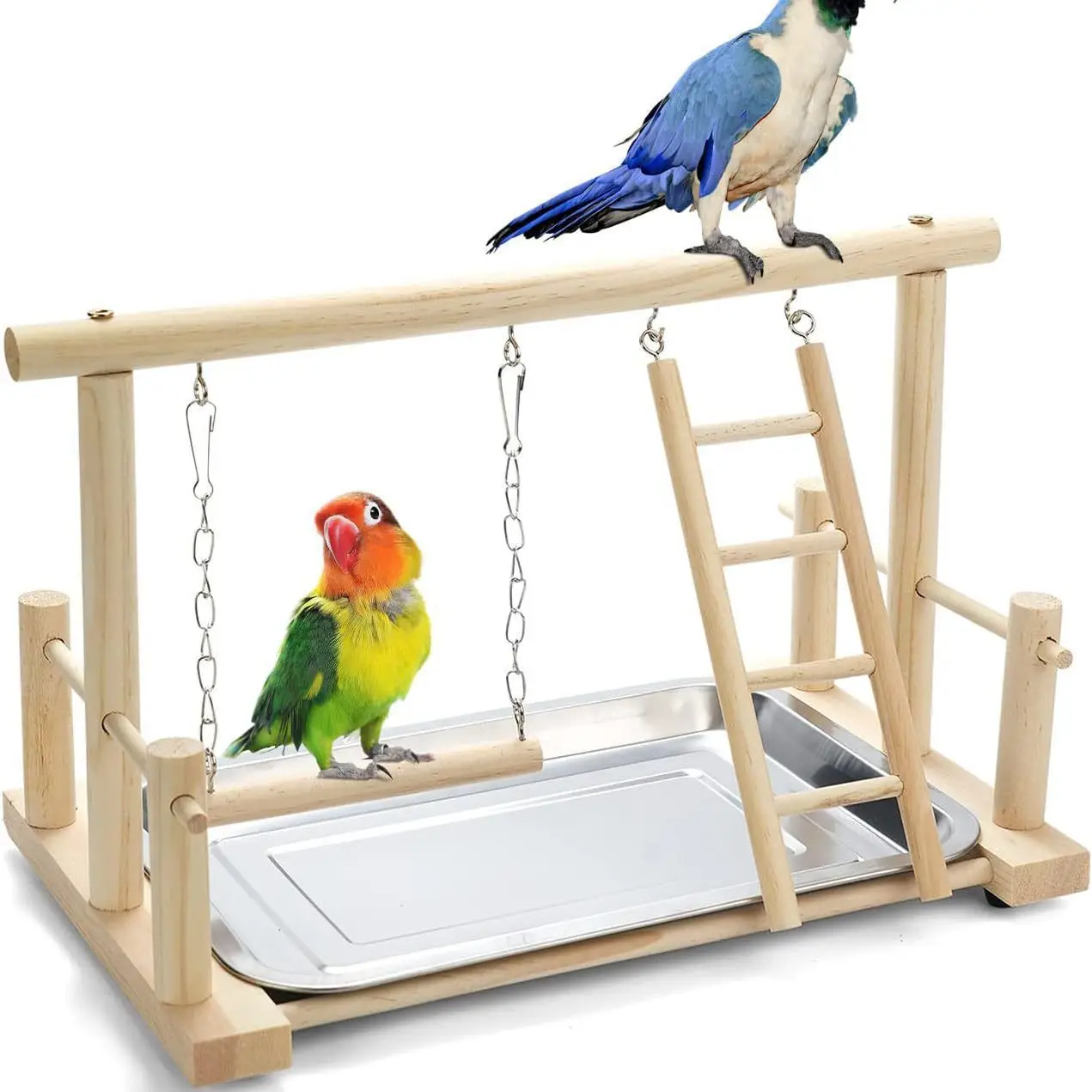 Parrot Playstand Bird Plays Stand Cockatiel Playground Wooden Perch Gym Playground Ladder with Metal Feeder And Cup Holder