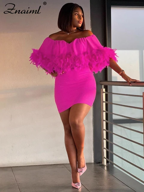 Znaiml Women Sexy Off Shoulder Feather Pink Mini Bodycon Dress Elegant Birthday Evening Night Club Party Prom Female Vestidos