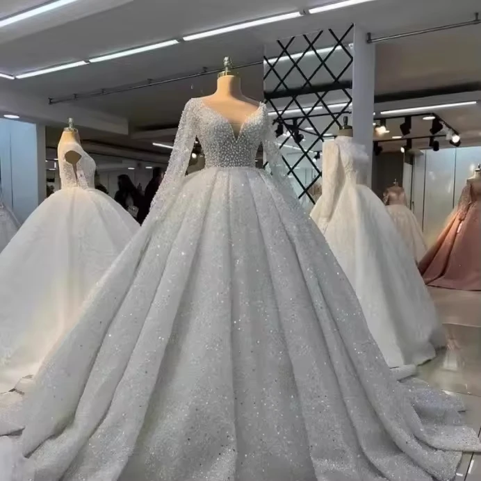 Customized Wedding Dress for Plus Size Bride Spring White Lace Long Sleeve Chapel Train Lace-up Back Ball Gown