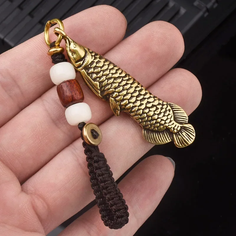 5pcs Retro Brass Ornaments Key Chains Gift Bronze Arowana Car Keychain Hand-woven Rope Pure Copper Pendant Animal Keychains