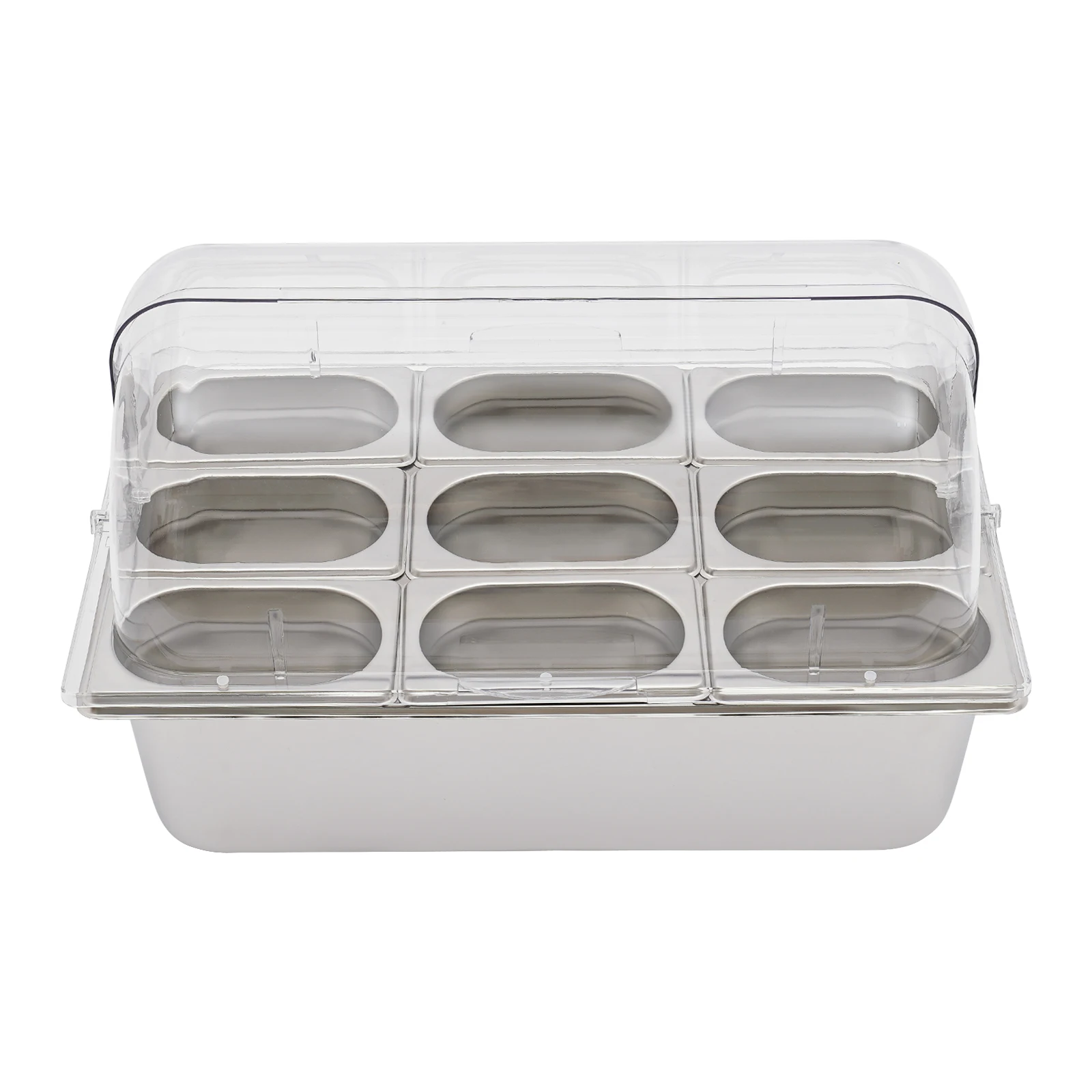 

﻿ 9-Compartment Fruit Tray Food Serving Container with Lid 201 Stainless Steel Serving Container with Flip Lid Fruit Container