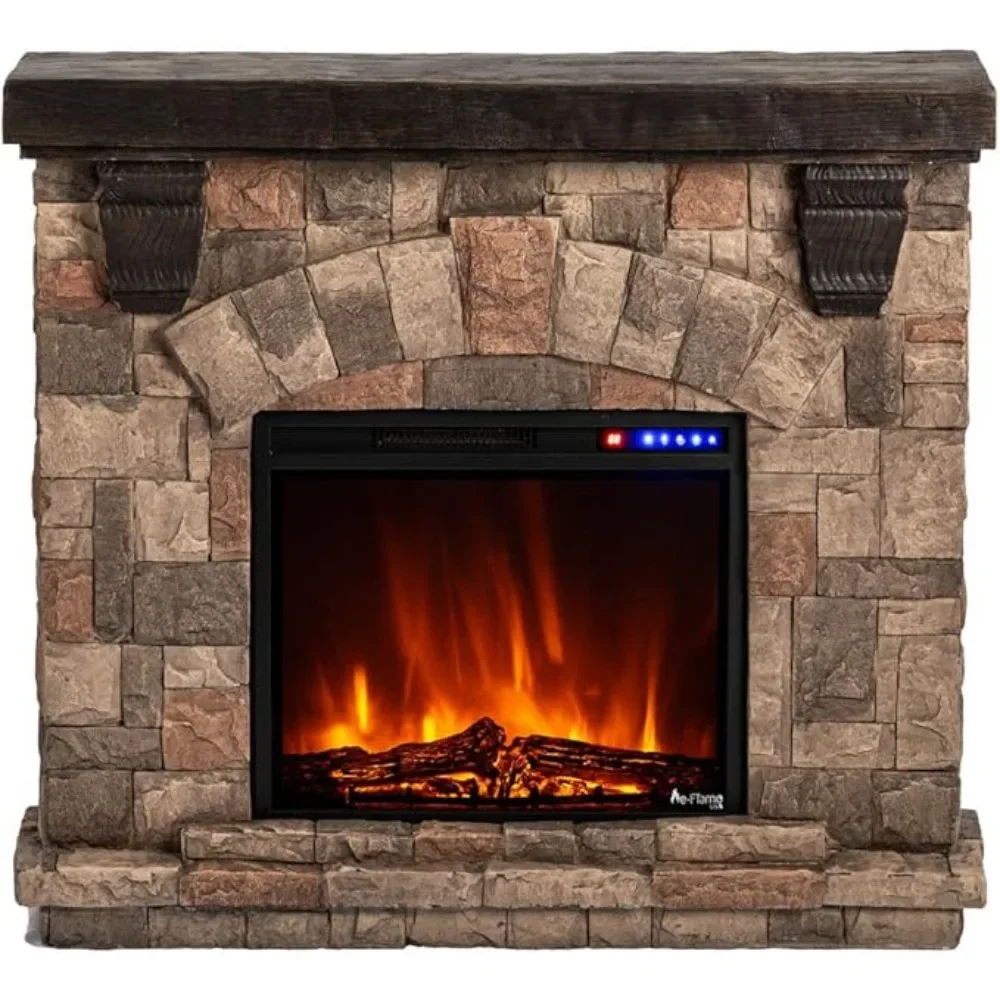 LED Electric Fireplace Stove with Imitation Wood and Stone Wall Frame - Remote Control -3D Wood and Fire