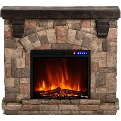 LED Electric Fireplace Stove with Imitation Wood and Stone Wall Frame - Remote Control -3D Wood and Fire