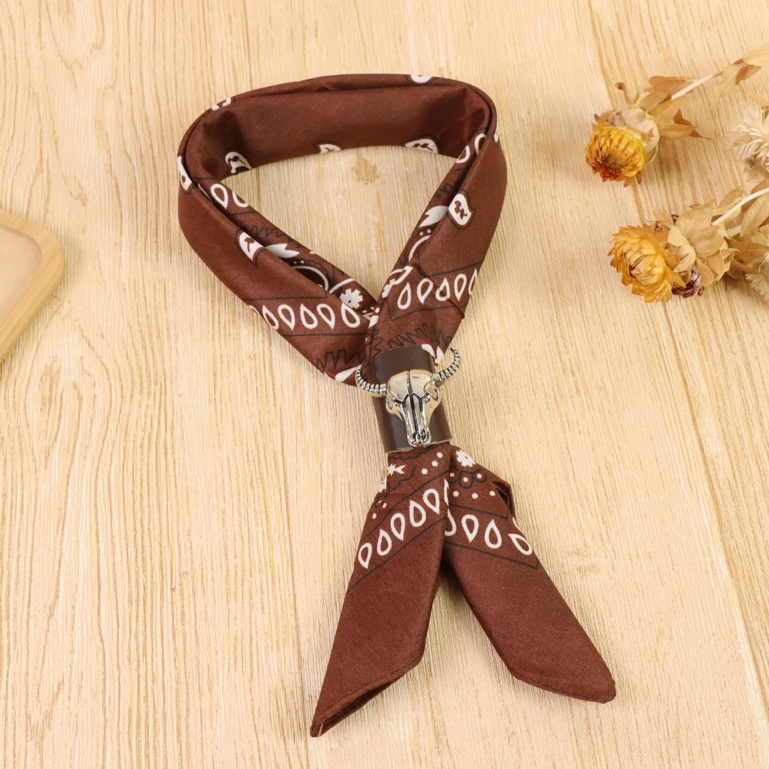 Artistic Cotton Square Scarf American Street Style Workwear Men's Decorative Necktie Small Scarf Silk Scarf Button Leather Ring view 5