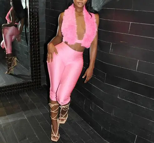 

Модный меховой воротник с открытой спиной на шнуровке и узкие брюки с высокой талией на пять четвертей, комплект для женского индивидуального наряда