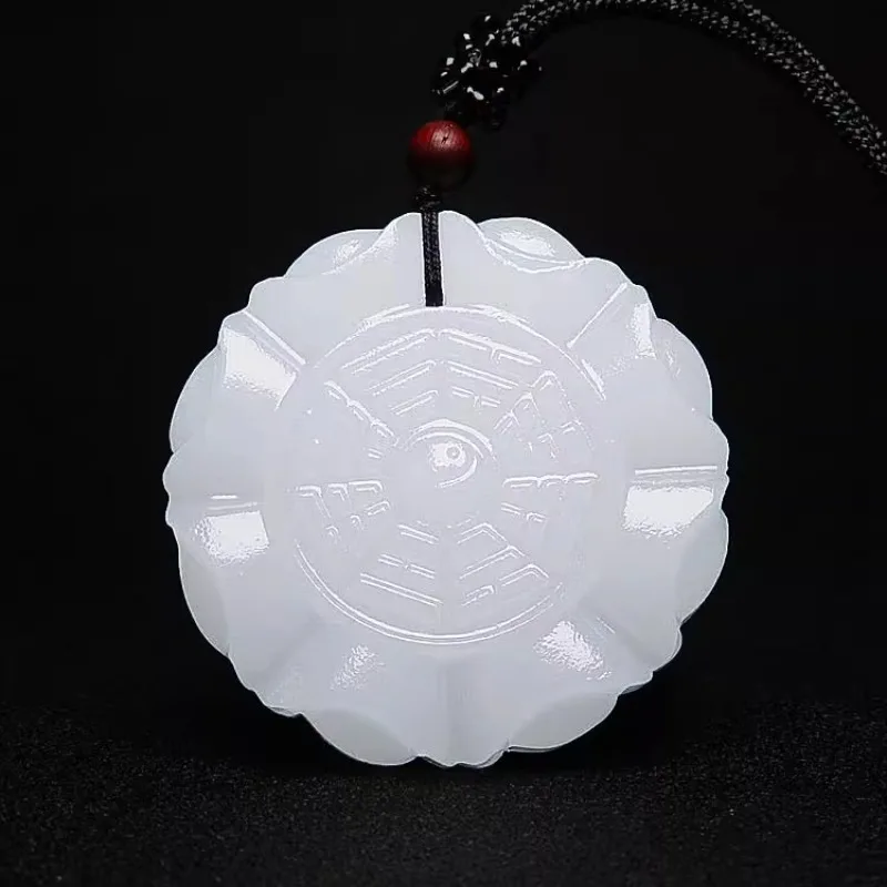 Jade Yuanbao Bagua Necklace Pendant White Natural Jadeite Charm Jewellery Fashion Accessories Hand Carved Luck Amulet Gifts