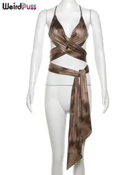 nibber Cross-Spaghetti-Straps Woman Y2K Summer Sexy Bandage Ruffles Sequined Backless Hottie Chic Party Skinny Clubwear Tops