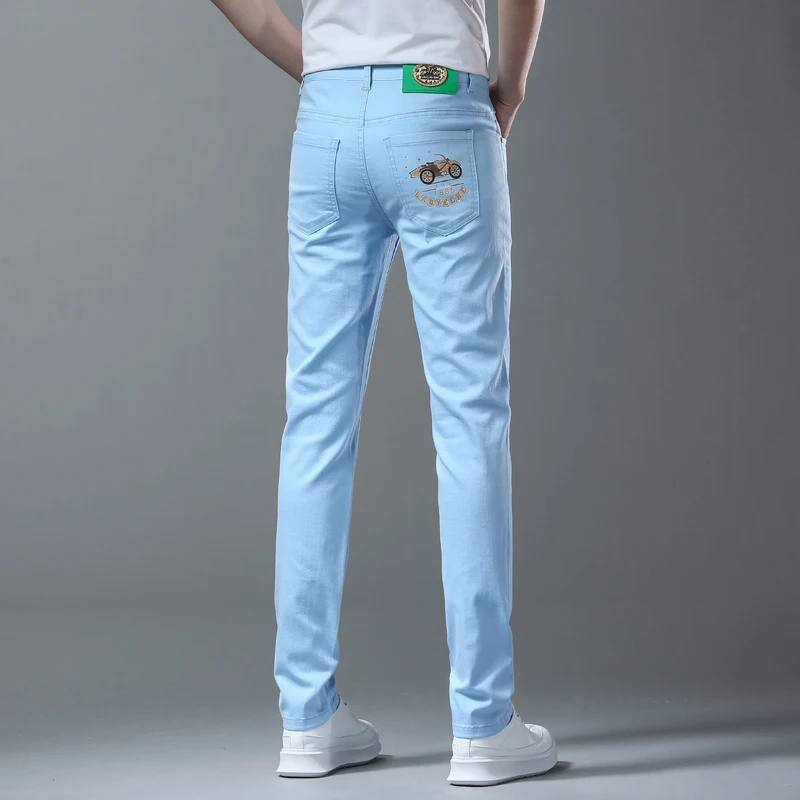 Leisure summer thin jeans for men's high-end fashionable printed elastic versatile business light luxury slim fit pants