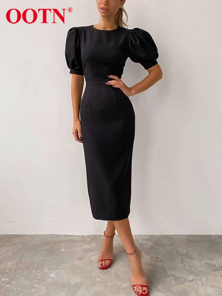 OOTN-Vestido midi para escritório para mulheres, manga folhada elegante, cintura alta chique, fino com o pescoço, vestido de festa lápis, Lady, verão, 2023