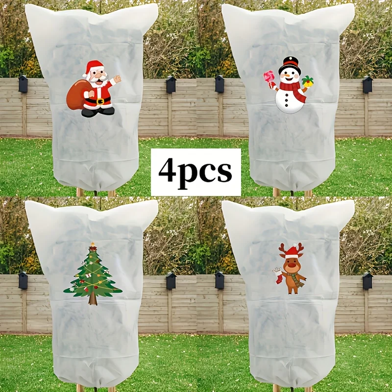 

4pcs Heavy Duty Winter Frost Cloth Plant Cover - Drawstring Design for Outdoor Shrubs, Fruit Trees,Ideal for Christmas Gardening
