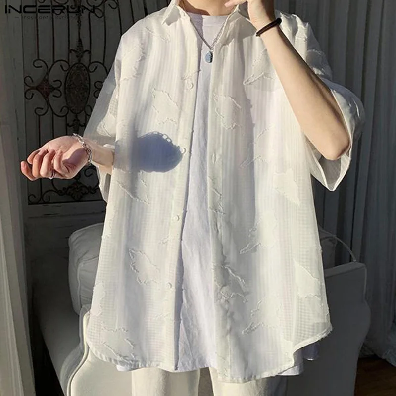 

INCERUN Tops 2024 Korean Style Fashion Men's Slightly Transparent Mesh Shirts Casual Simple Thin Lapel Mid Sleeved Blouse S-5XL