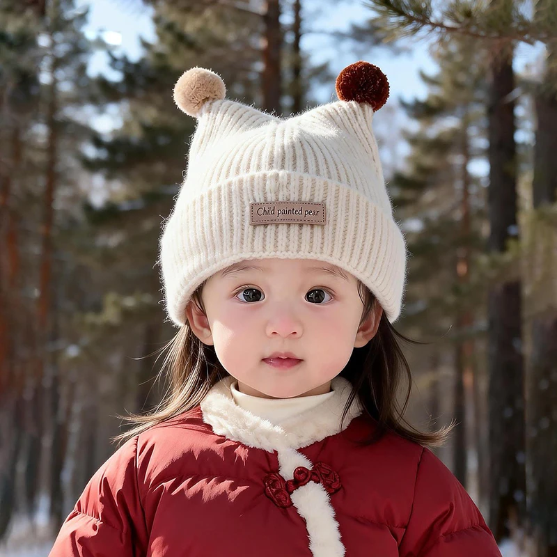 

1-4Year Baby Knitted Hat Cute Double Plush Ball Pullover Cap Anti-Cold Warm Kids Ear Protection Wool Hats Winter Children Beanie