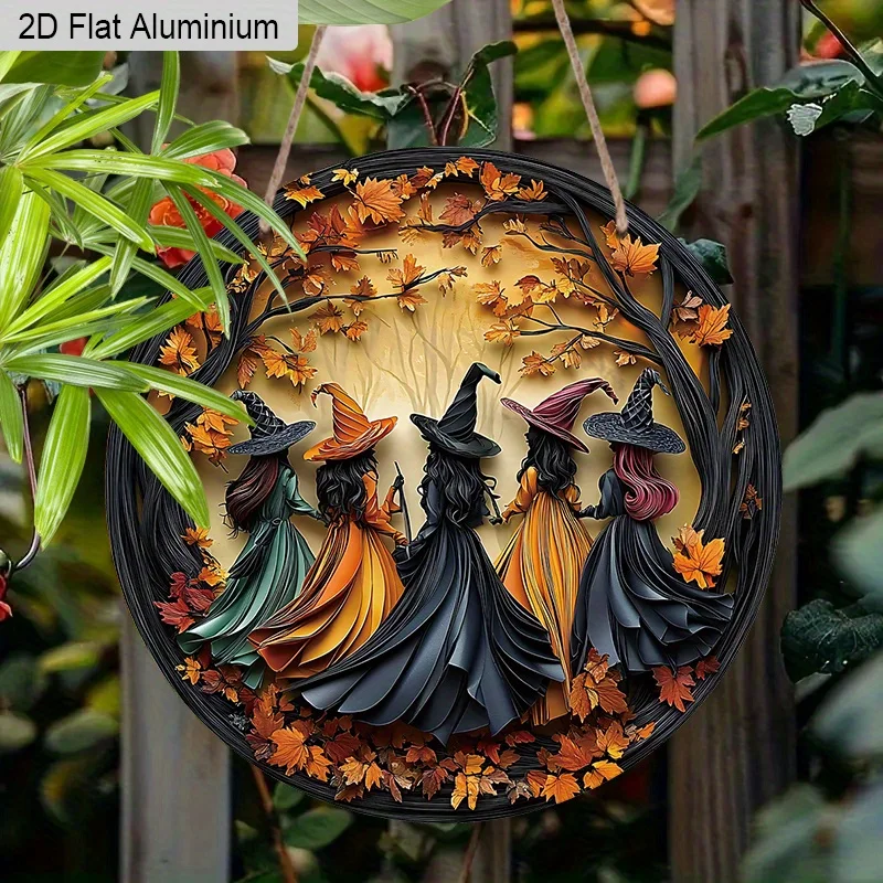 2D Flat, 1pc 7.87x7.87 Inch Aluminum Round Metal Wall Sign, Halloween Decor with Witch Design, Halloween Decor, Home Decor