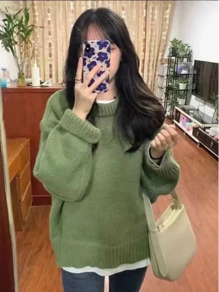 Japanse retro damestrui met ronde hals voor herfst en winter dames losse en dikke gebreide damestops met lange mouwen