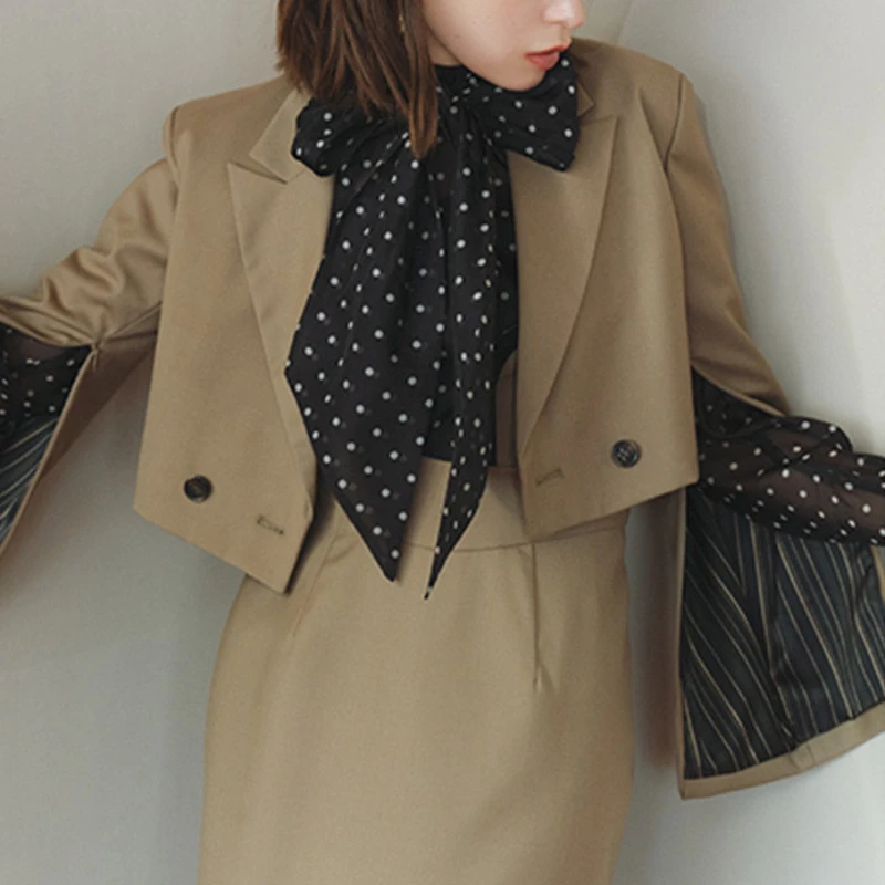 Japan Fashion Office Lady Elegant Short Jackets Women Notched Collar Double Breasted Casual Blazers Autumn New Long Sleeve Coat