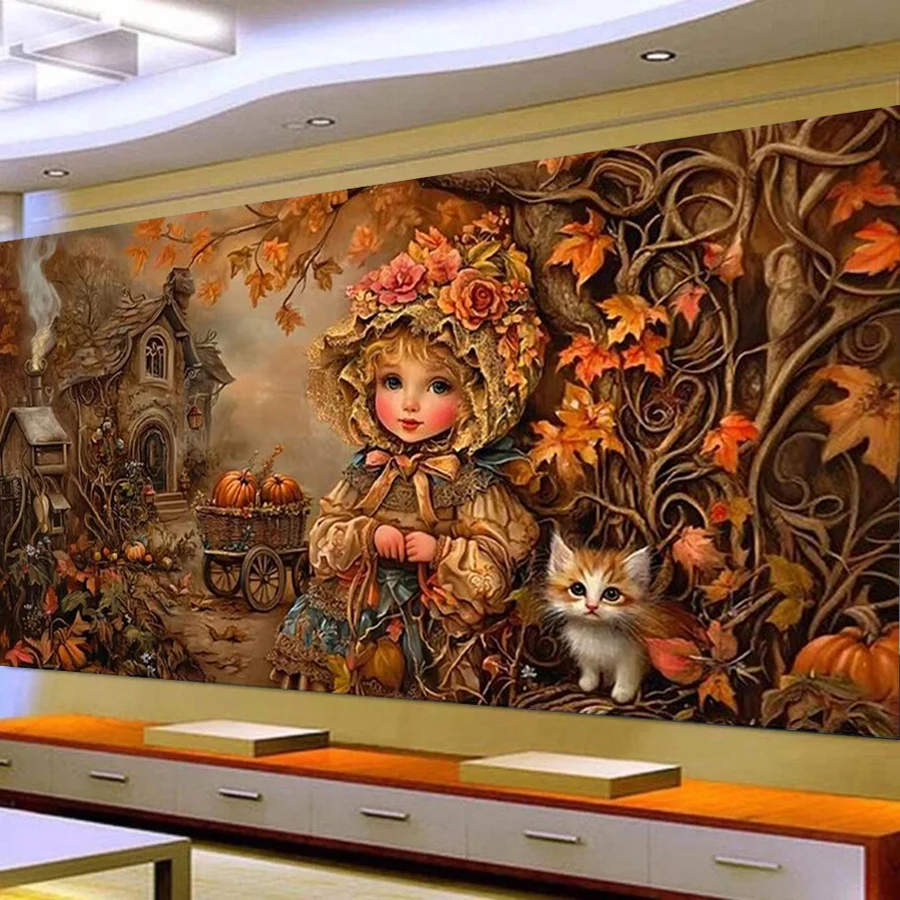 

Fullcang Large Size Diamond Painting Kits Cartoon Girl And Cat New Diy Full Mosaic Embroidery Scenic House Picture Wall Decor