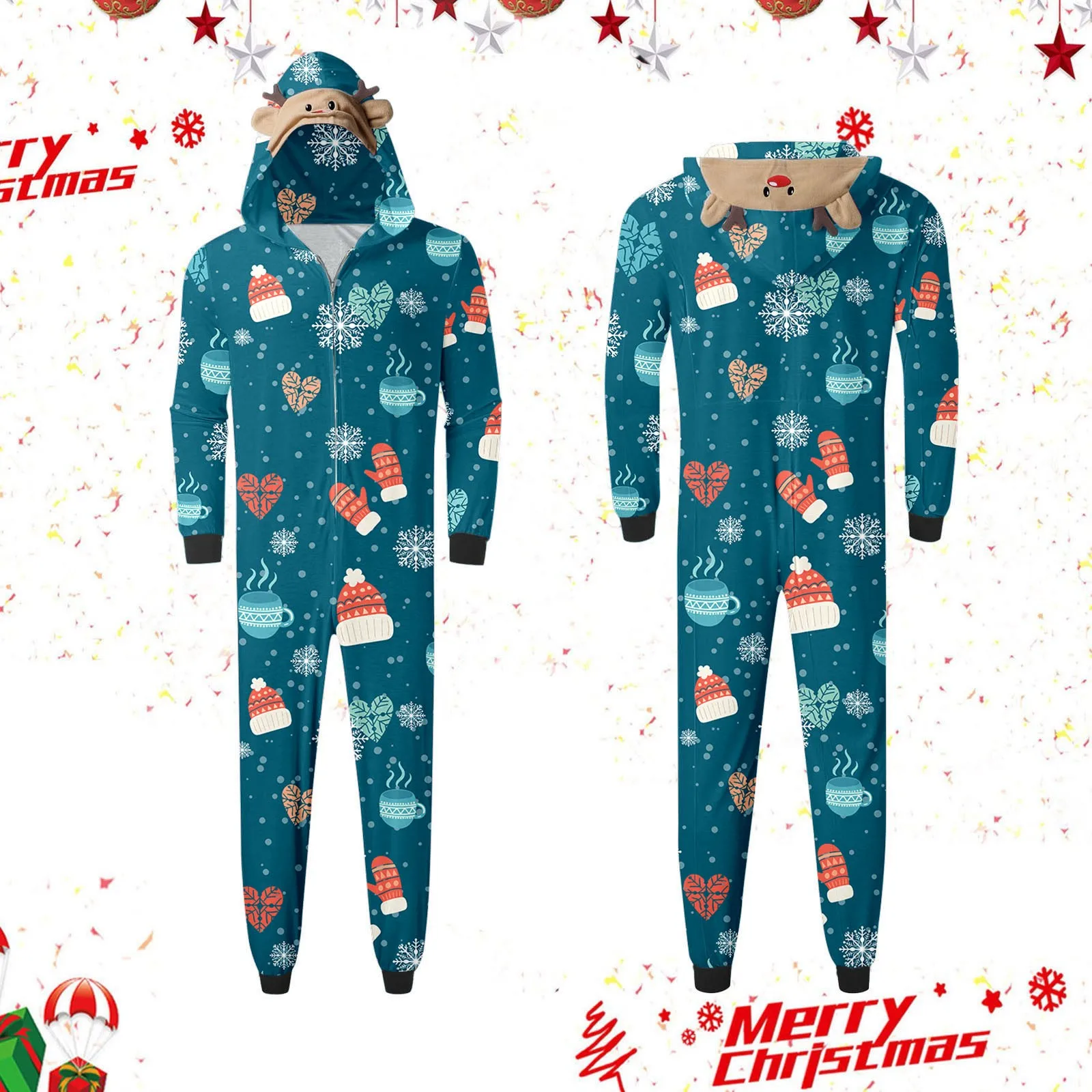 Family Matching Christmas Onesie, Cute Vacation Reindeer Print One-Piece Pajamas Hooded Romper Holiday Sleepwear Nightwear Party