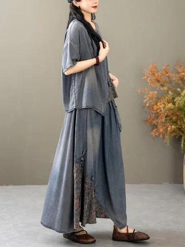 Imagen 2 del producto AmaxluluE, trajes de verano para mujer, conjuntos chinos de 2 piezas, trajes vaqueros holgados informales con estampado, Tops Vintage de moda, falda Floral de talla grande