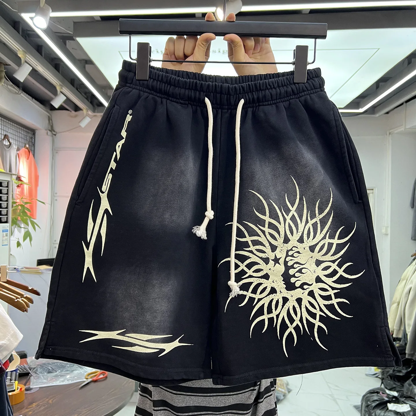 American Street Style Heavy Washed Vintage Print Drawstring Casual Pants Summer Loose Men Women Shorts Trendy Cotton Shorts