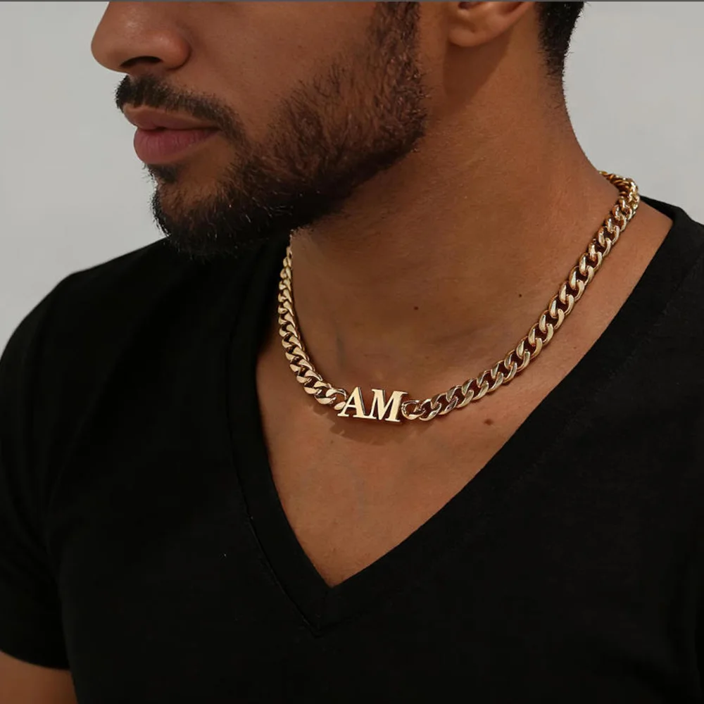 

Personalized necklace gift for father: Customized men's name necklace gold, 8mm Cuban thick chain