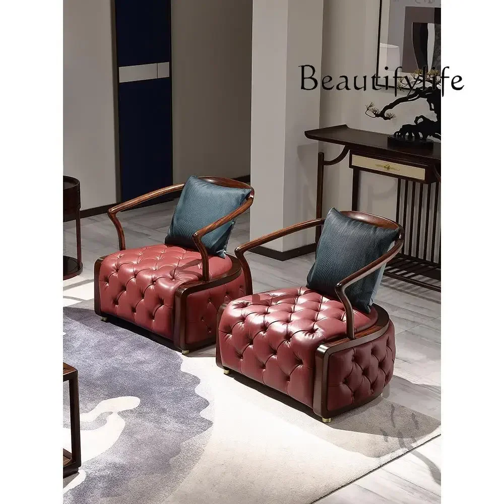 

N Light Luxury New Chinese Style Ugyen Wood Leather Lounge Chair Single-Seat Sofa Chair New National Fashion Furniture