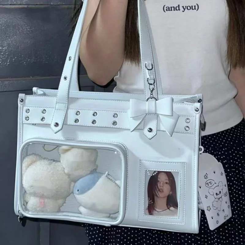 Korean Ita Bag Transparent Window, Shoulder Crossbody Backpack PU Leather, School Tote Handbag Concert Doll, Pin Display Bag New