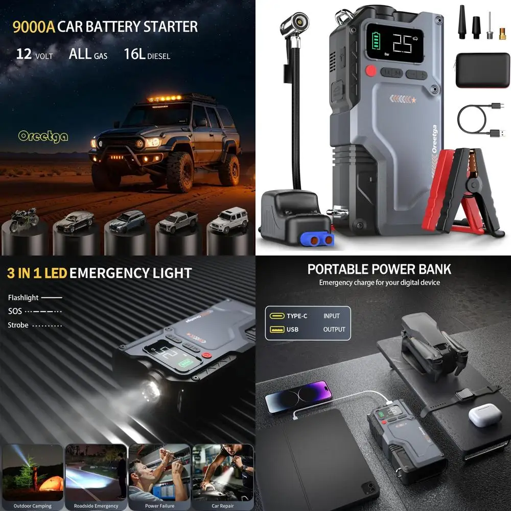 

9000A Car Battery Charger Jump Starter with Air Compressor, 150PSI Tire Inflator Air Pump(All Gas/16L Diesel),12V Jump Box Car B
