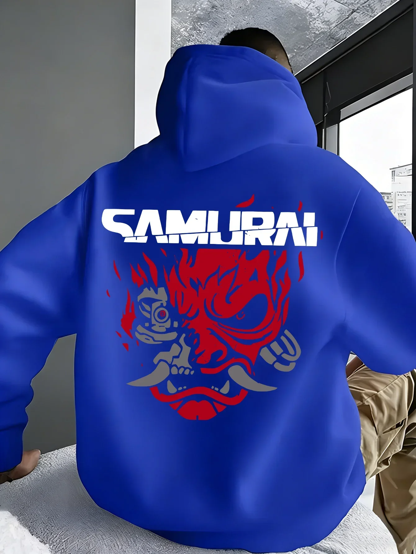 2026Men Cyber Samurai Oni Mask Print Hoodie Autumn Winter Y2K Streetwear Sweatshirt Male Loose Back Graphic Pullover Hooded Tops