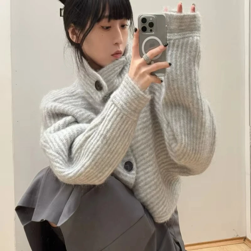 Harajuku Y2k Gray Striped Women Sweater Vintage Turtleneck Korean Fashion Knit Cardigan Leisure Autumn Lazy Wind Loose Old Money