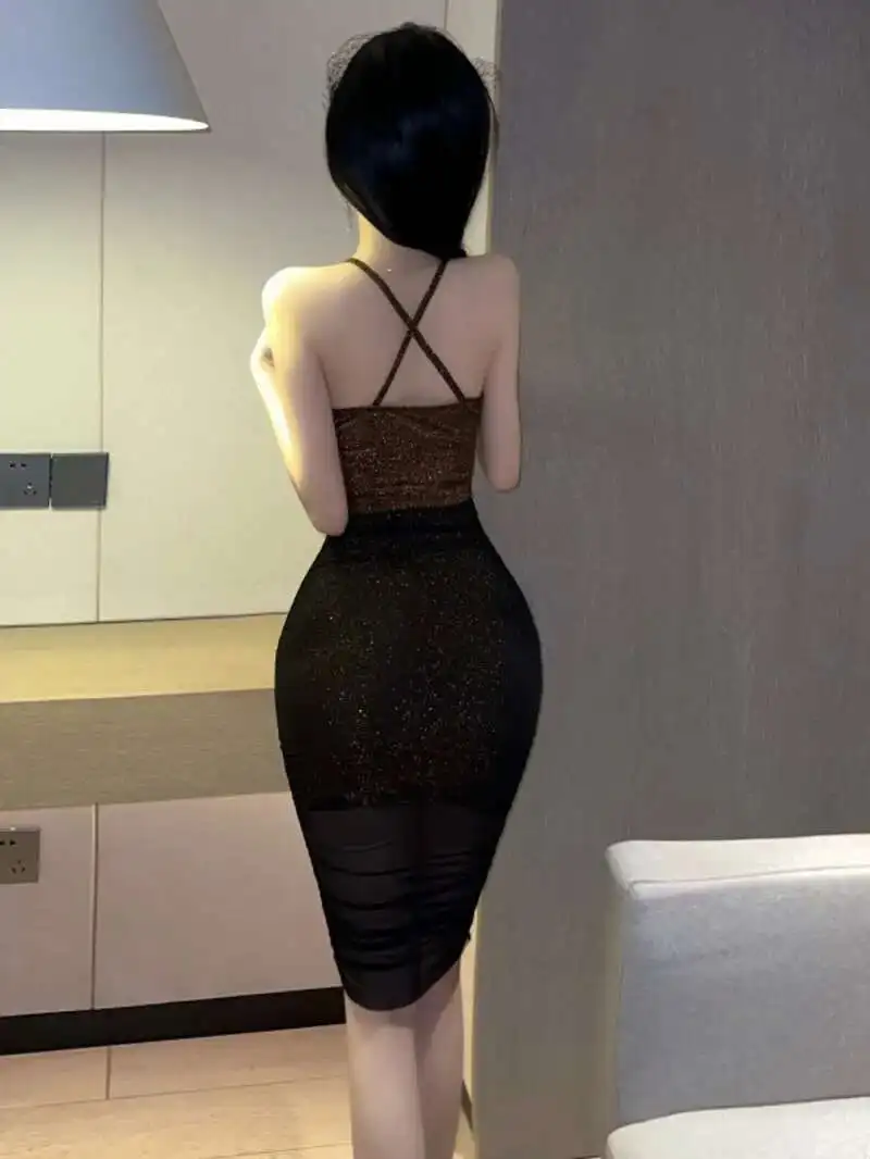 Womengaga sexy picante menina boate dupla camada emenda pendurado cinta pescoço pendurado baixo peito com decote em v vestido apertado elegante e8ko