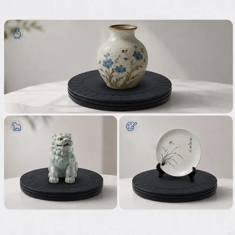 4-Piece Plastic Rotating Turntable Display Stand Set, Black Round Platform for Smooth, Quieter Multi-Angled Object B03E
