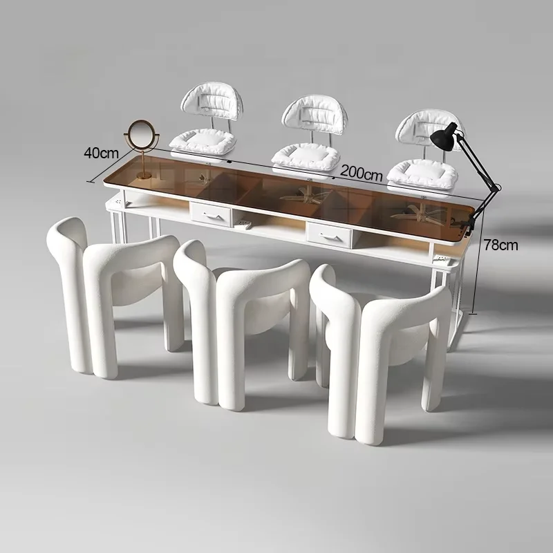 

Salon Manicure Equipment White Modern Manicure Table Tempered Glass Manicure Table and Chair Set Nail Desk Table