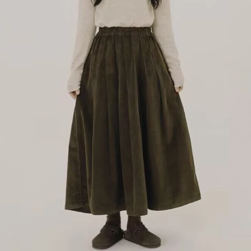 Autumn Winter New Arrival Retro Solid Color Corduroy Women's Plus Size High Waist Length A Line Skirt for Comfortable Dailywear