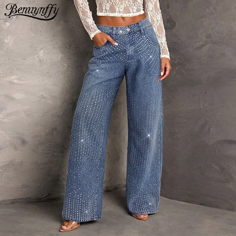 Benuynffy High Street Retro Diamonds Jeans Women's Spring Fall Mid Waisted Elastic Washed Loose Straight Wide Leg Denim Trousers