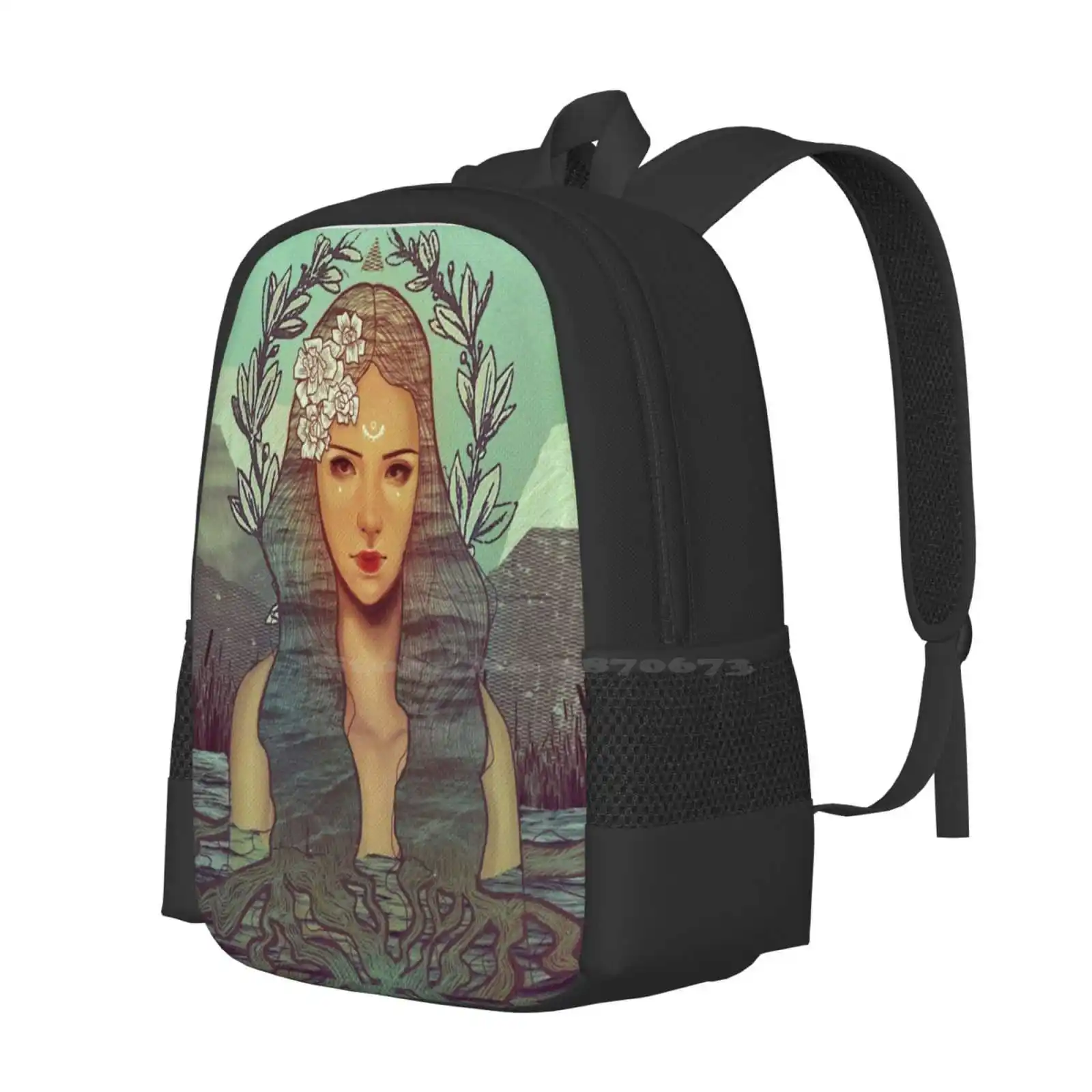 Cleansing Hot Sale Backpack Fashion Bags Wicca Witch Pagan Wizard Magick Water Clean Blue Flowers Nature Collage Long Hair