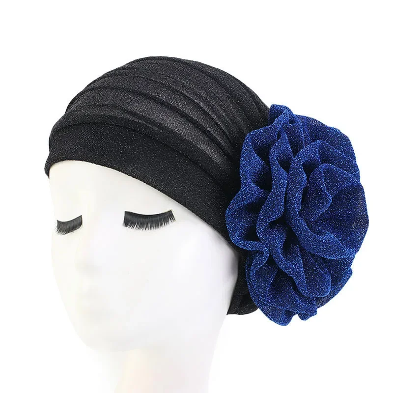 ผู้หญิง Hijabs Elegant SHINY Turban ดอกไม้ใหญ่ Headscarf หมวก Headwrap มุสลิม Hijab Chemo หมวก Bonnet Beanies Shimmer Headwear ใหม่