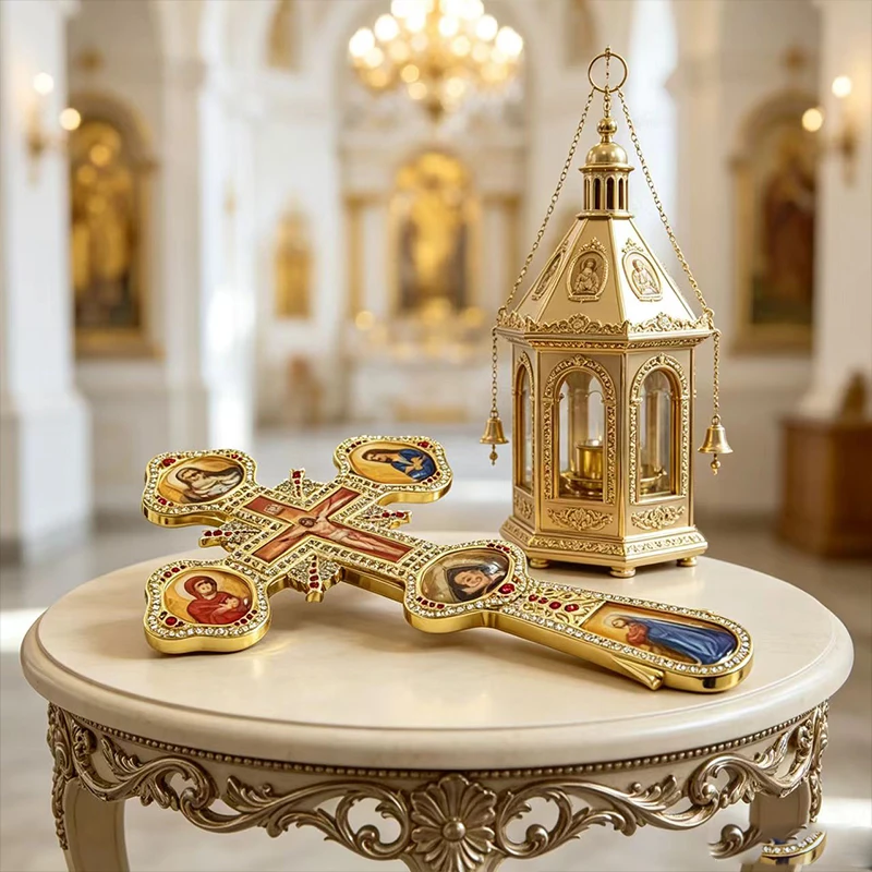 Orthodox Hand Blessing Cross Gold Icon Jesus Virgin Mary Saints Golgotha Red Pearl Church Liturgical Priest Christian Gift