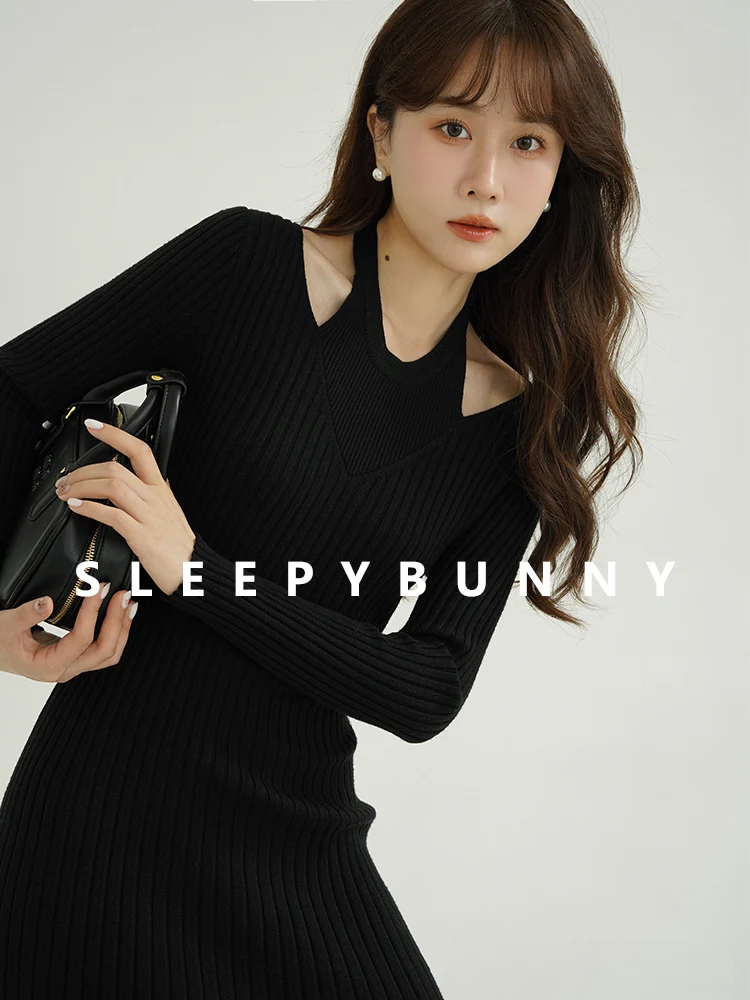 Halter pescoço recorte vestido de malha feminino inverno com nervuras magro manga longa camisola vestido cintura alta bodycon a linha midi vestido uso diário