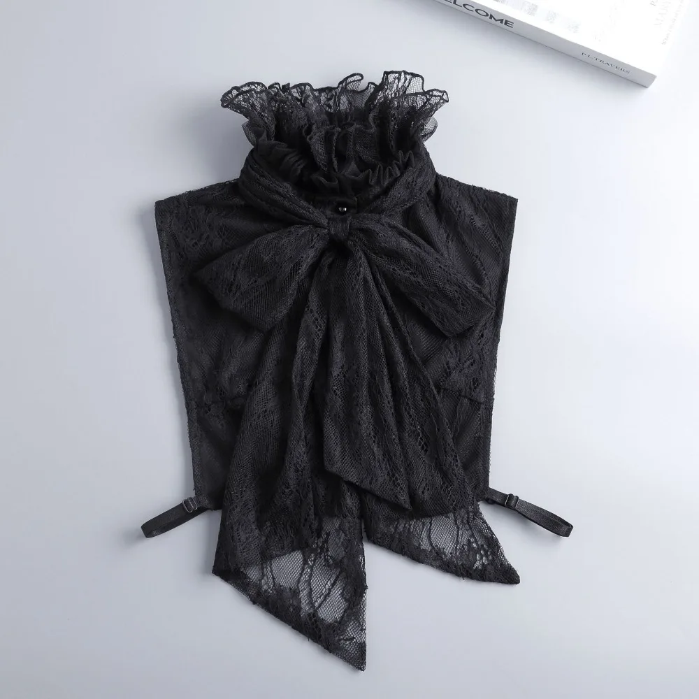 

Элегантный съемный кружевной искусственный воротник, винтажный однотонный кружевной воротник с бантом, элегантный воротник в стиле ретро с рюшами на краях, накладной воротник