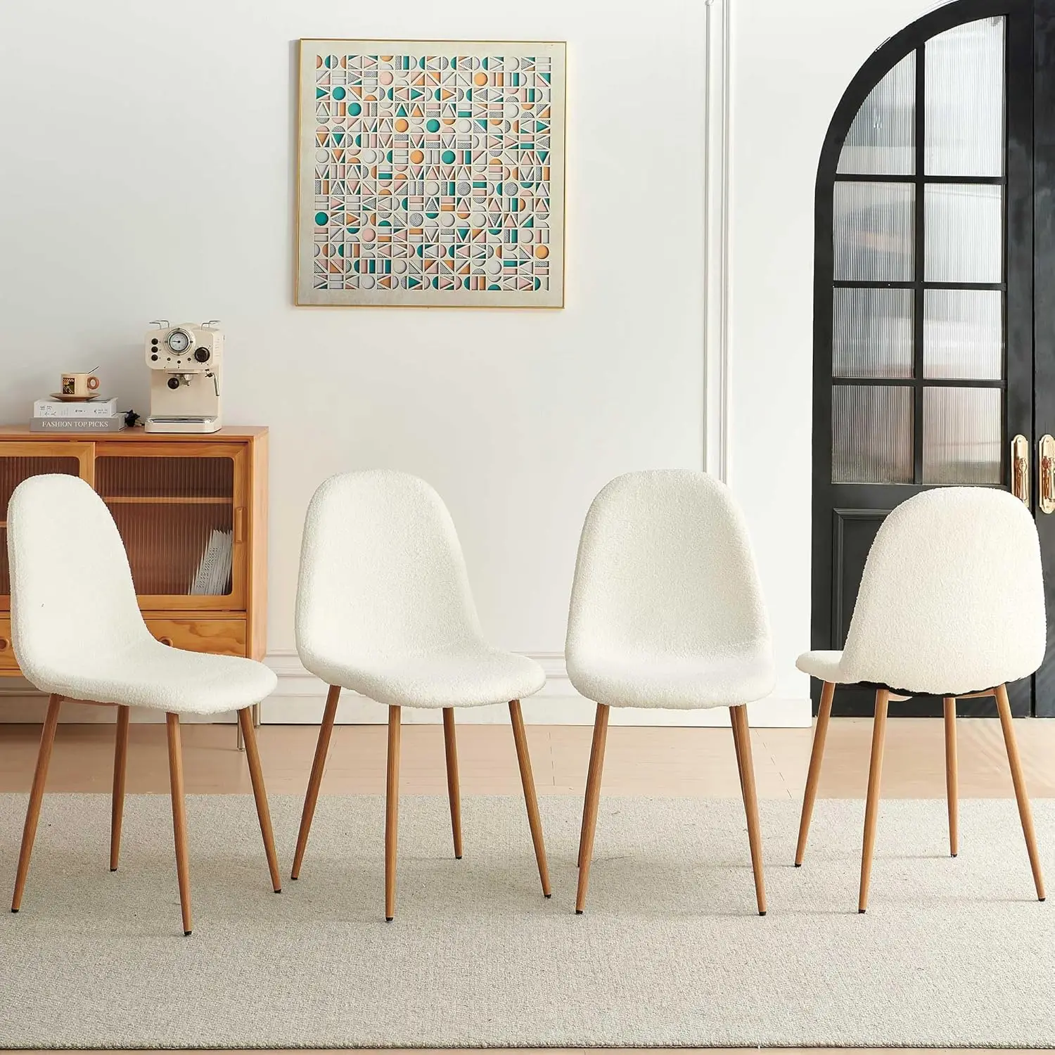 Modern Dining Chairs Set of 4, White Faux Fur Kitchen Chairs, Upholstered Side Chairs with Faux Wood-Grain Metal Legs