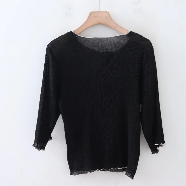 Sommer Neue runde Ne Pullover Dünne Plissee Elastische Abnehmen frauen Farbe Personali Dünne irt Polyester Faser 00%