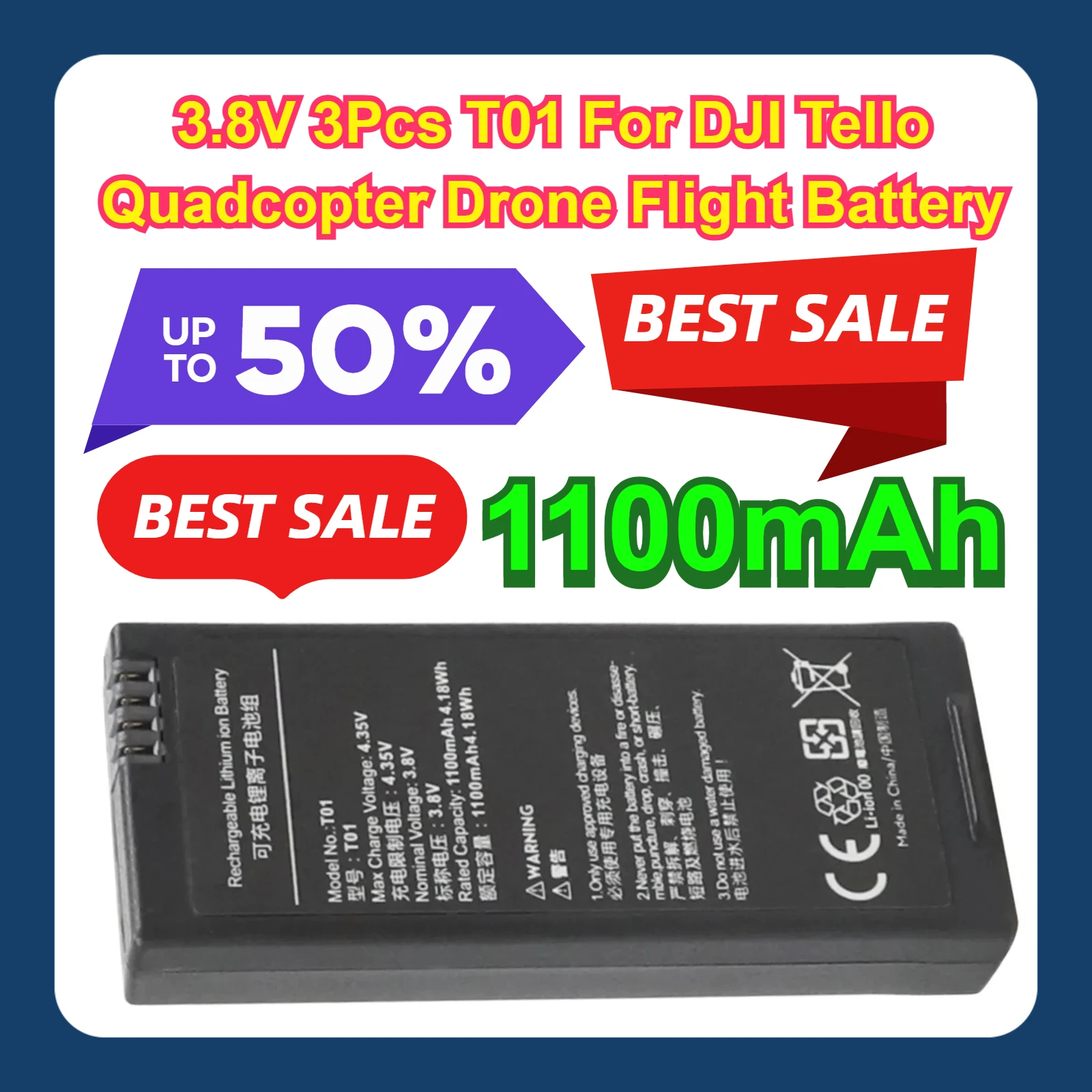 

3.8V 3Pcs T01 For DJI Tello Quadcopter Drone Flight 1100mAh Battery