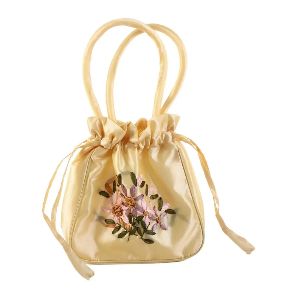 Satin Silk Hanfu Drawstrings Bag Leaf Ethnic Style Embroidery Flower Handbag Korean Cosmetic Makeup Bag Small Purse Wallet