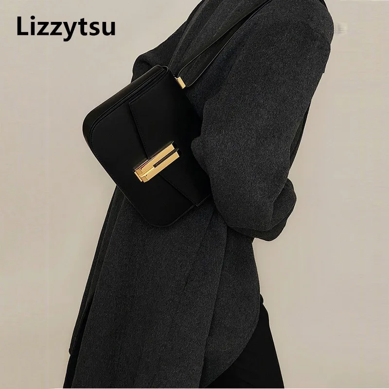 Lizzytsu Fashion Vintage Black Hasp Messenger Bag Casual Luxury Shoulder Bag Korean PU Elegant Sling Crossbody Bag