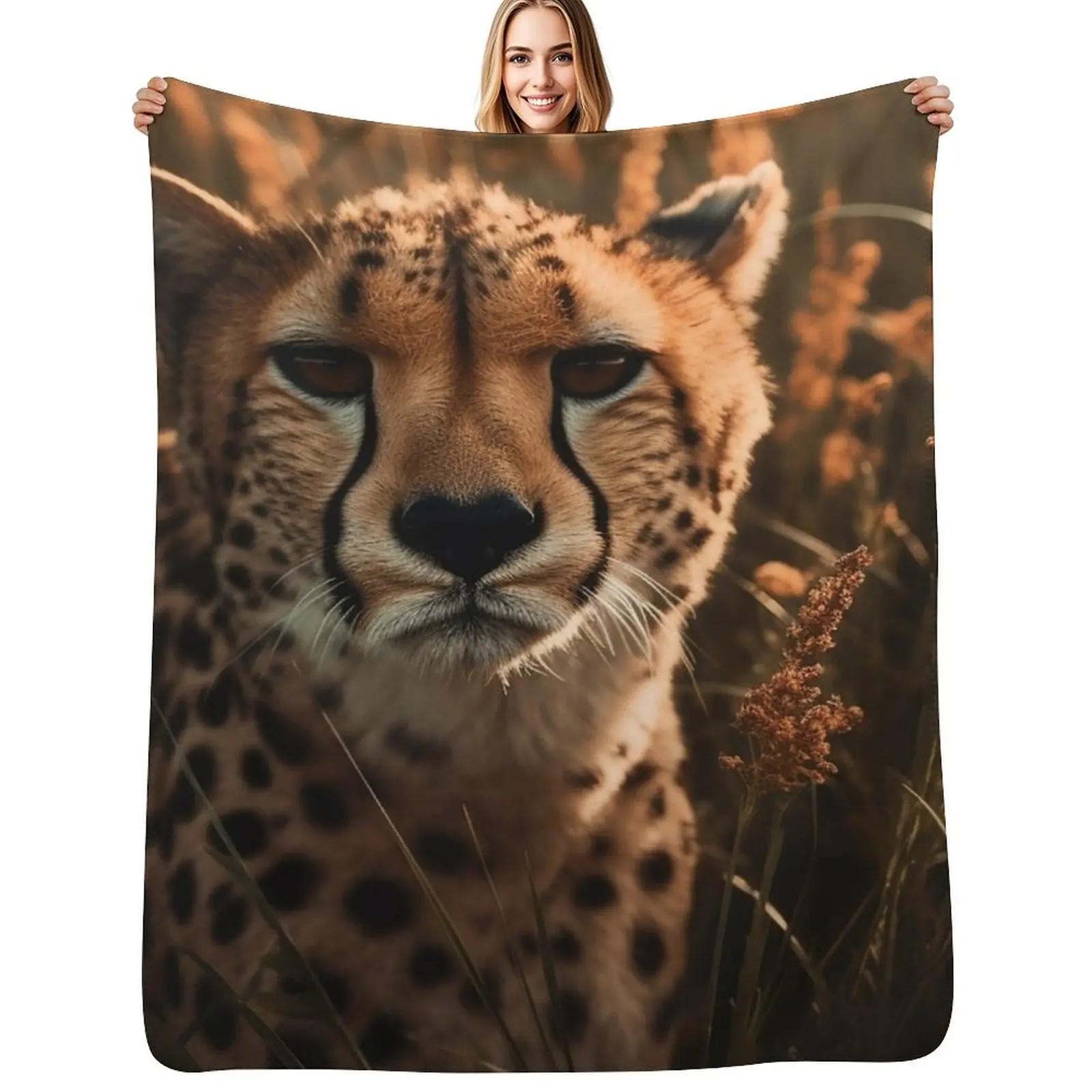 Face of Cheetah Throw Blanket Faux Fur Soft Warm Blanket for Bed