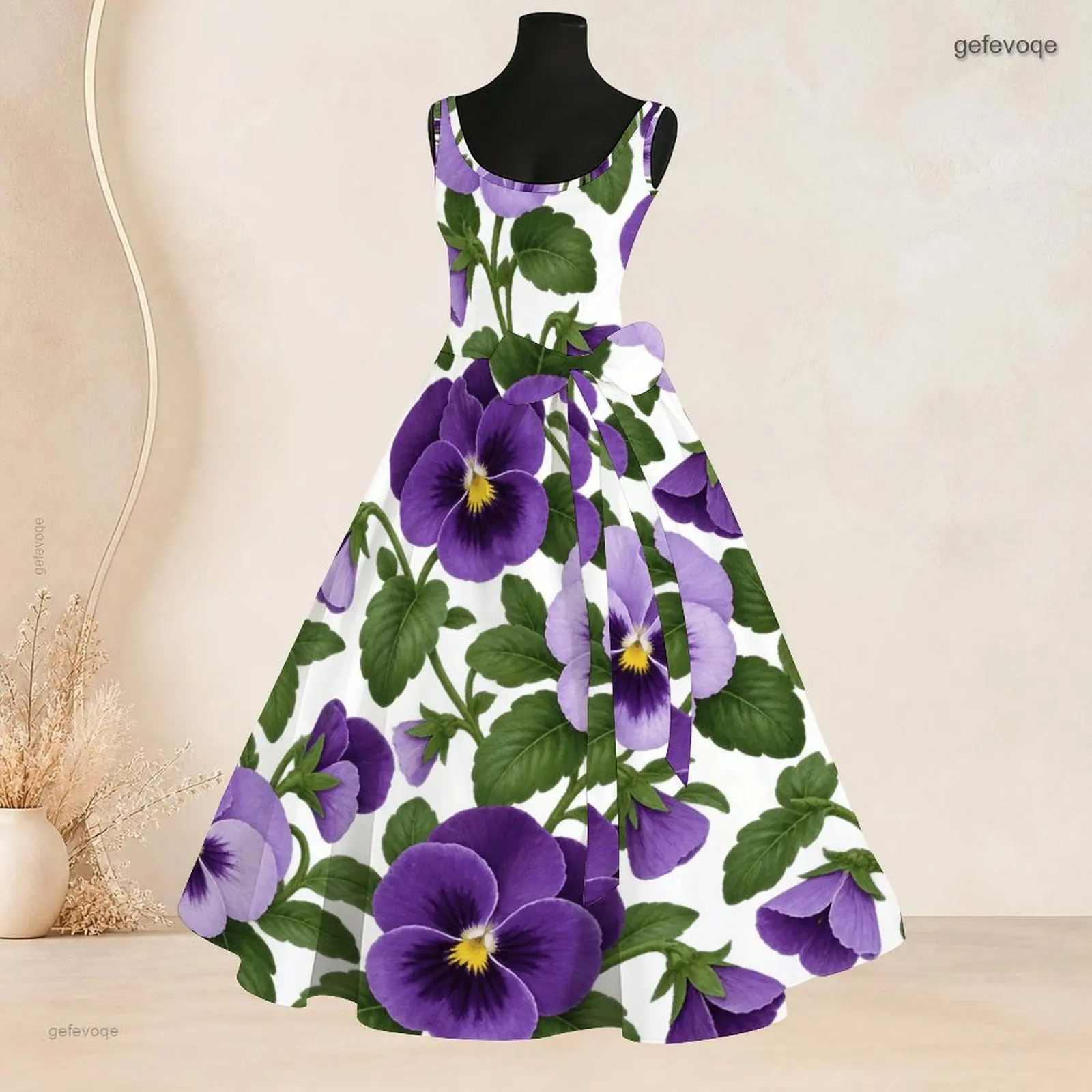 Women Sleeveless Round Neck A-Line Dress, Printed Tropical Floral Leaf Blue Hibiscus Plumeria Pattern Tie Waist Flared Dress