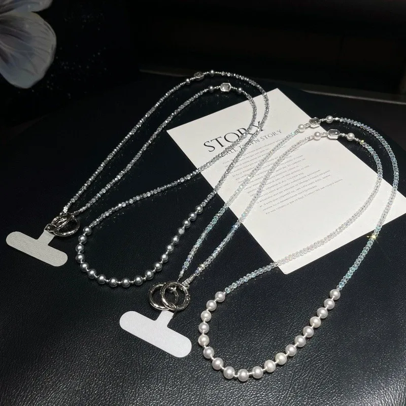 High-End Pearl Pendant Mobile Phone Chain Fashionable Beaded Crystal Long Cross-Body Strap Anti-Lost Phone Accessory