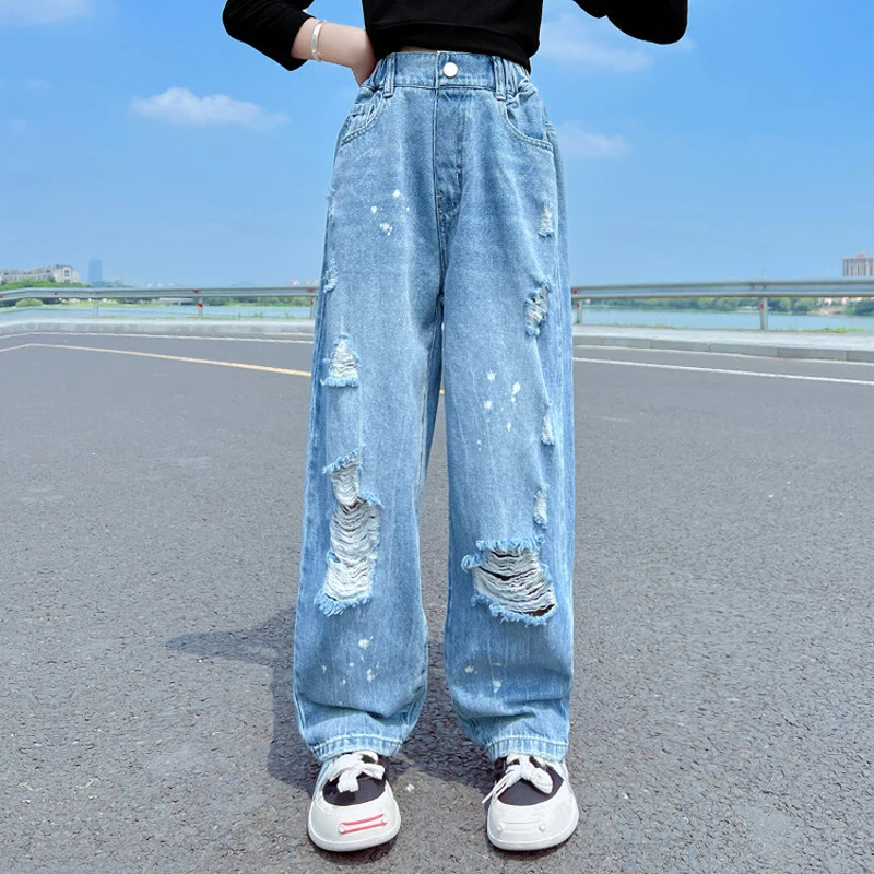 

Fashion Kids Broken Jeans Trousers Cotton Korean Teenage Light Blue Denim Pants Loose Wide Leg Pant Spring Autumn Girls Clothing