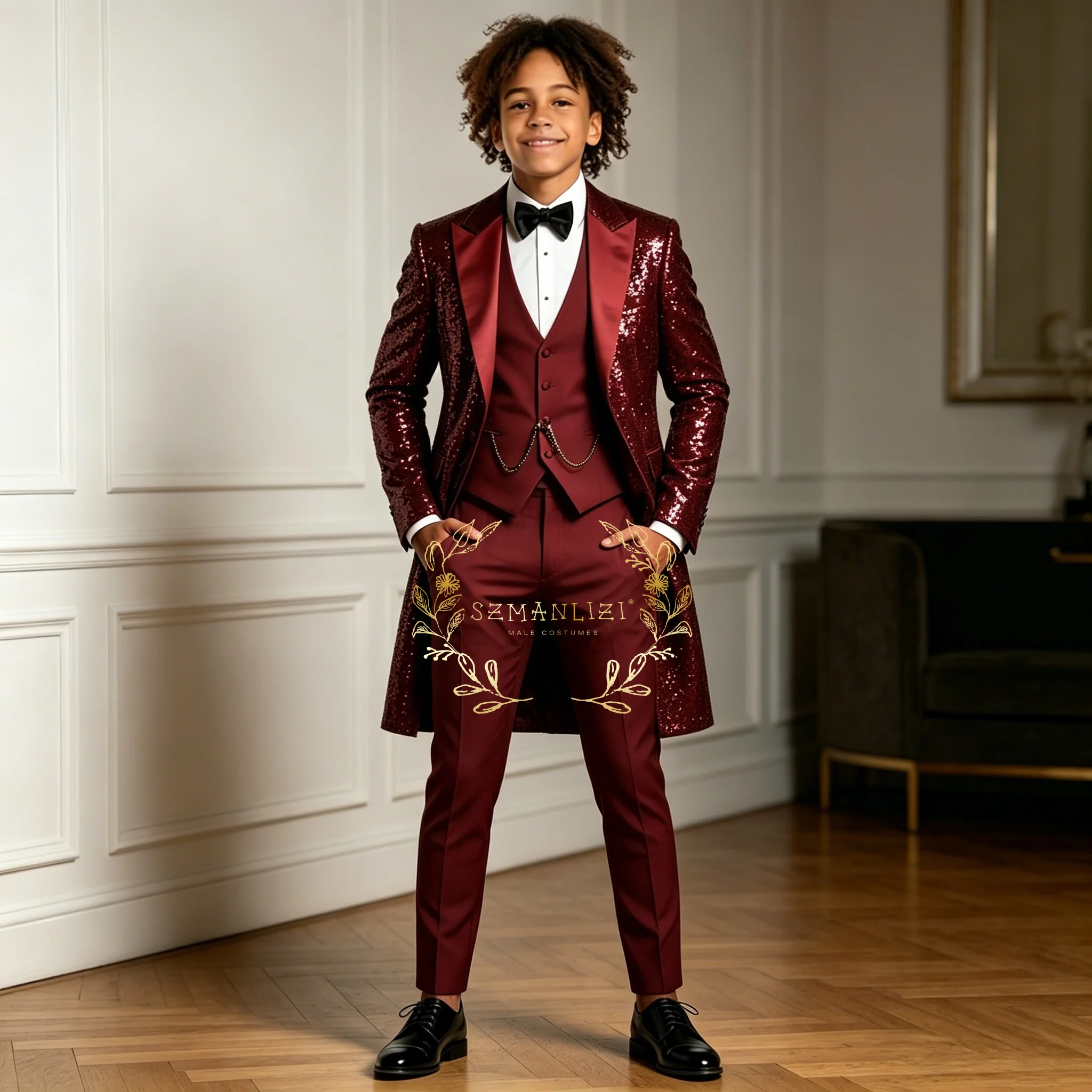 

Burgundy Sequin Formal Flower Boys Suit Set Wedding Birthday Party Tuxedos Costume Kids Long Blazer Vest Pants Clothes